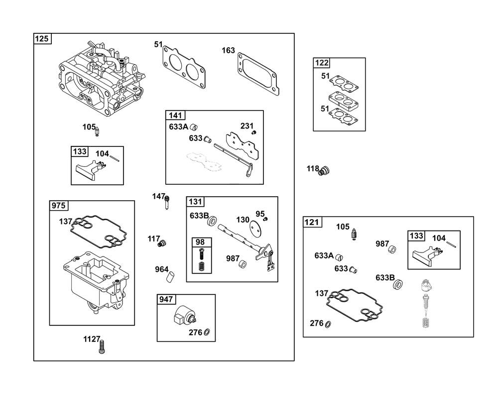 Carburetor Group Diagram and Parts List for 385777-0010-B5  Briggs and Stratton Engine